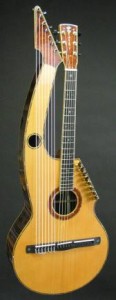 Front, full view of the 21 string hollow arm Harp Guitar