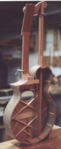 A shot of the Gibson Model U style Harp Guitar as it's being custom built.