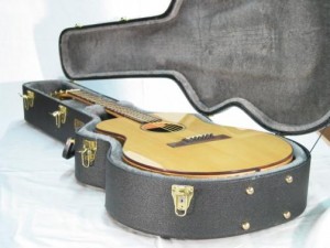 A Worland Guitar in its hard shell case